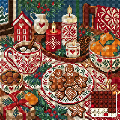 The Nordic Candle Supper, 40x40 cm diamond painting – finished design preview with a close-up of round drills