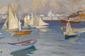 Thumbnail for Paint by numbers of sailing boats and a rowing boat in Helsinki harbour with a white domed church behind.