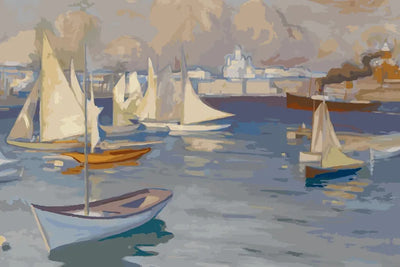 Paint by numbers of sailing boats and a rowing boat in Helsinki harbour with a white domed church behind.
