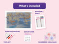 Thumbnail for What is included in the The Nyländska Jaktklubben Harbour in Helsinki by Edelfelt diamond painting kit - adhesive canvas, reference sheet, tools and numbered drill bags