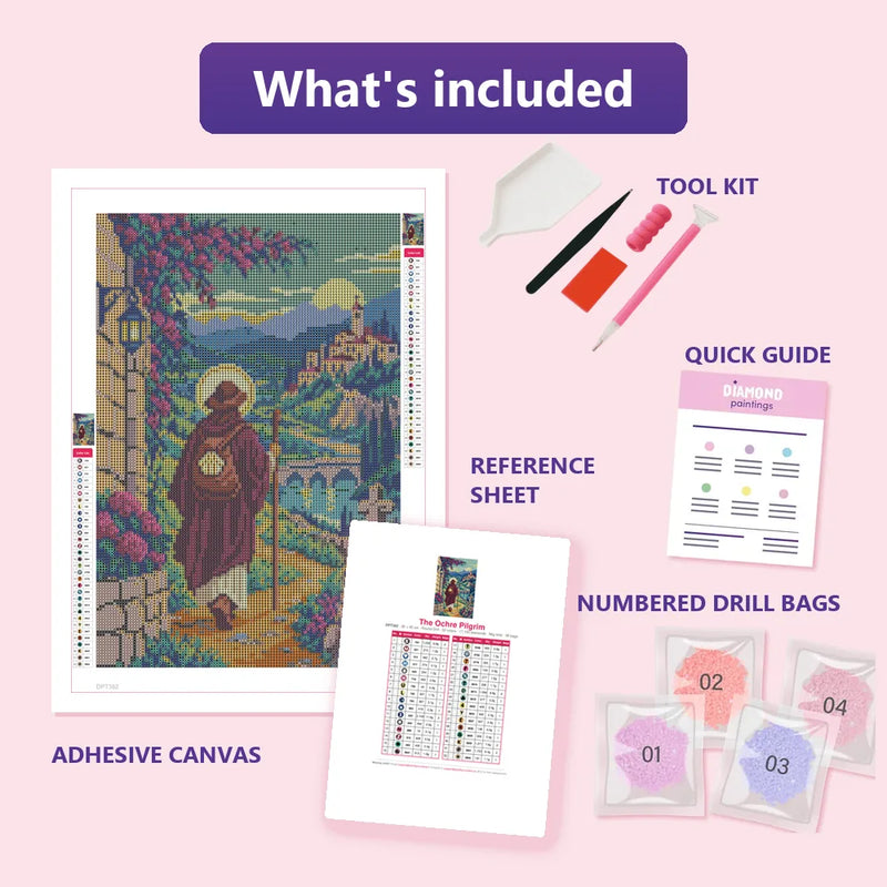 What is included in the The Ochre Pilgrim diamond painting kit - adhesive canvas, reference sheet, tools and numbered drill bags