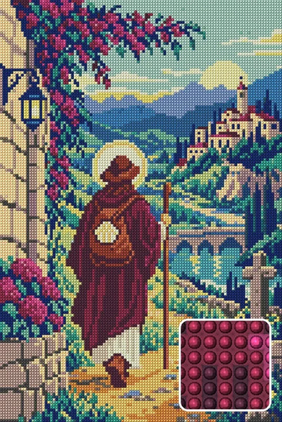 The Ochre Pilgrim, 30x45 cm diamond painting – finished design preview with a close-up of round drills