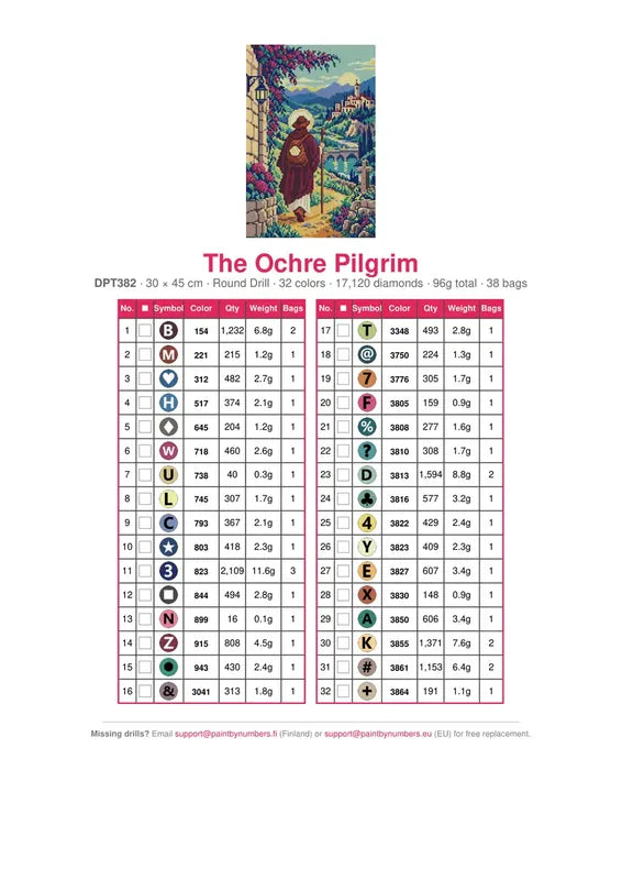 DMC color chart for The Ochre Pilgrim diamond painting - 32 colors