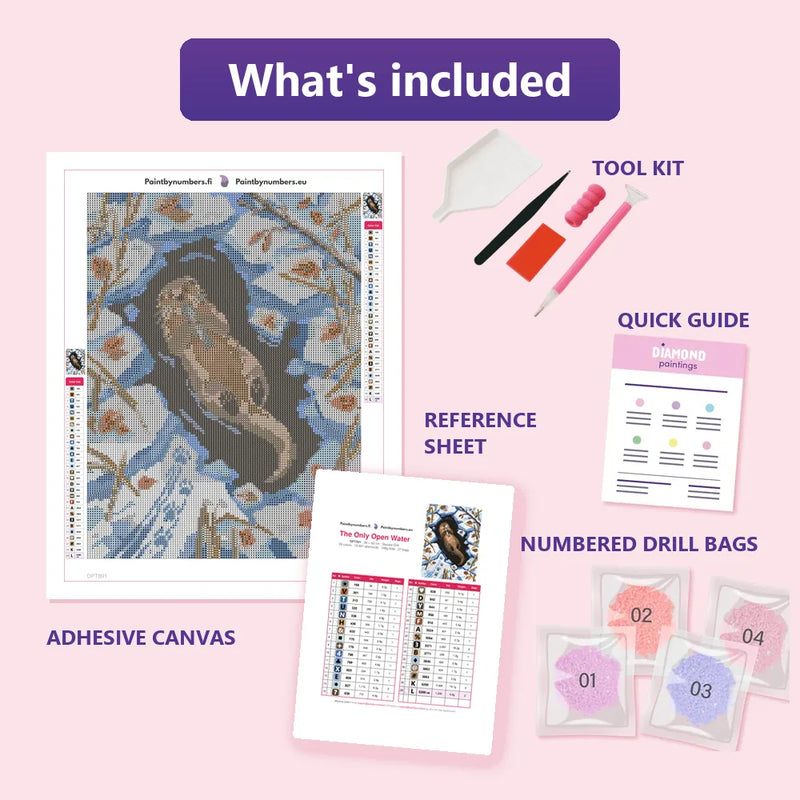 What is included in the The Only Open Water diamond painting kit - adhesive canvas, reference sheet, tools and numbered drill bags