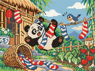 En panda på en tvättlina bland röda och blå strumpor framför ett hus