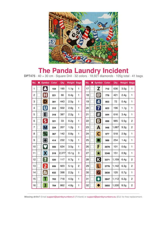 DMC color chart for The Panda Laundry Incident diamond painting - 32 colors