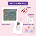 Thumbnail for What is included in the The Peacock Lily Terrace diamond painting kit - adhesive canvas, reference sheet, tools and numbered drill bags