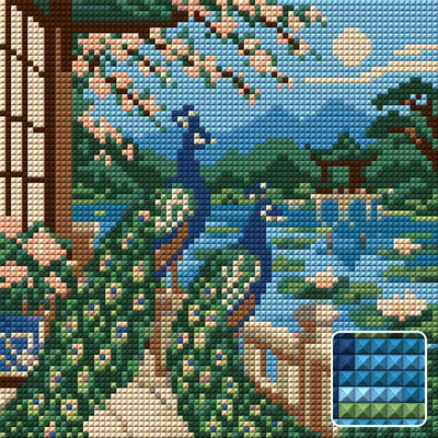 The Peacock Lily Terrace, 20x20 cm diamond painting – finished design preview with a close-up of square drills