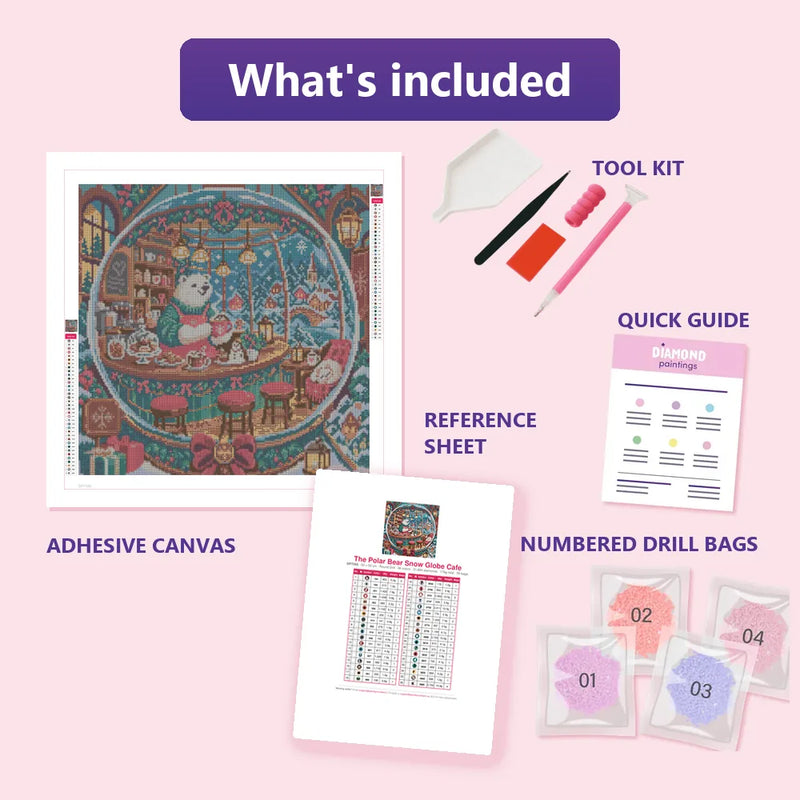 What is included in the The Polar Bear Snow Globe Cafe diamond painting kit - adhesive canvas, reference sheet, tools and numbered drill bags