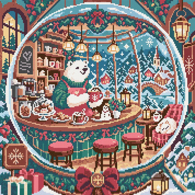 Diamond painting-motiv med en isbjörn som serverar på ett julpyntat kafé med snöig by utanför