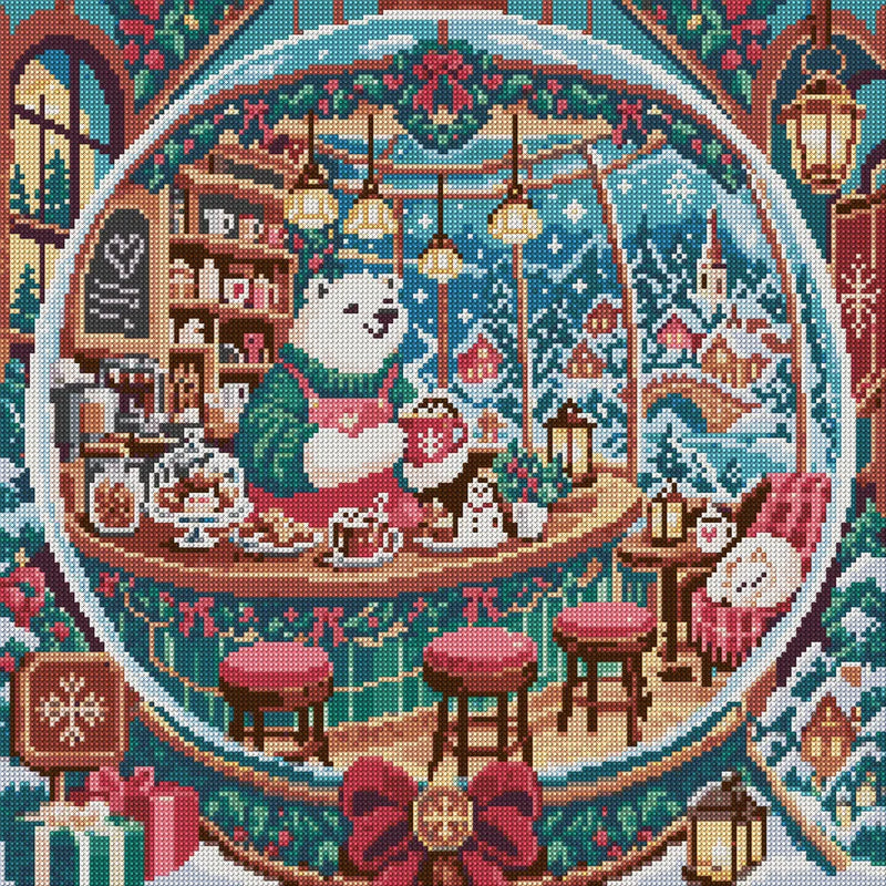 The Polar Bear Snow Globe Cafe, 50x50 cm diamond painting – full design preview without the close-up inset