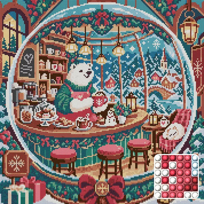 The Polar Bear Snow Globe Cafe, 50x50 cm diamond painting – finished design preview with a close-up of round drills