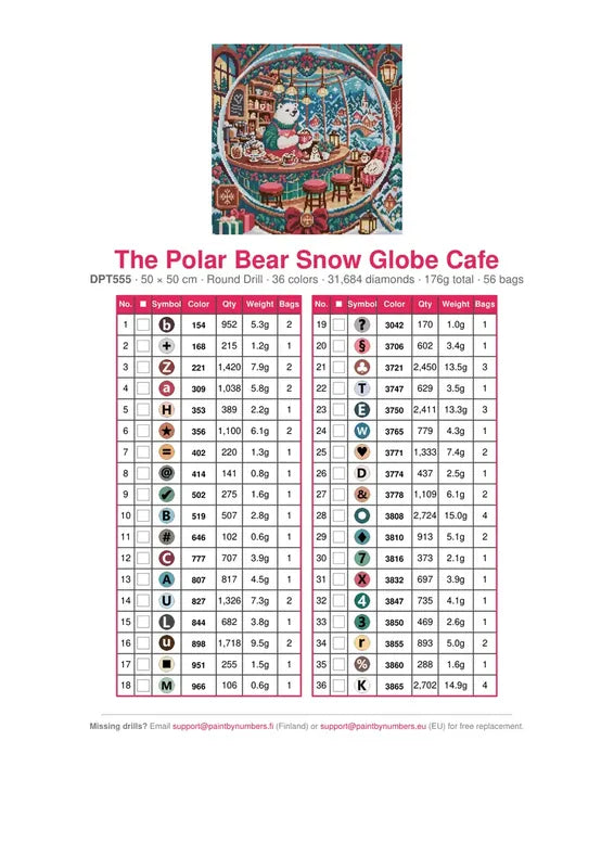 DMC color chart for The Polar Bear Snow Globe Cafe diamond painting - 36 colors