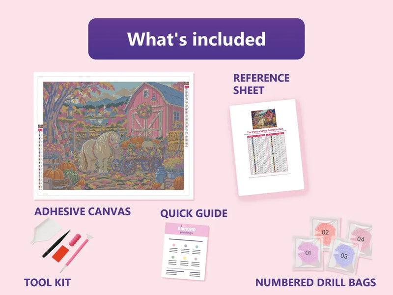 What is included in the The Pony and the Pumpkin Cart diamond painting kit - adhesive canvas, reference sheet, tools and numbered drill bags