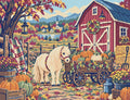 Miniatyrbild: Diamond painting-motiv med en ljus ponny vid en röd ladugård och en vagn full av pumpor