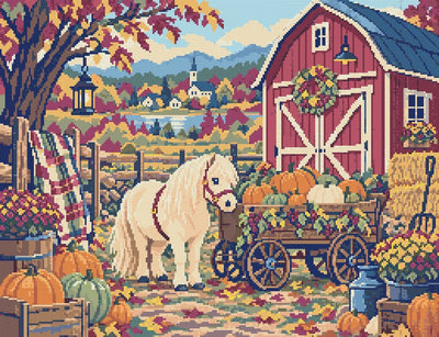 Diamond painting-motiv med en ljus ponny vid en röd ladugård och en vagn full av pumpor