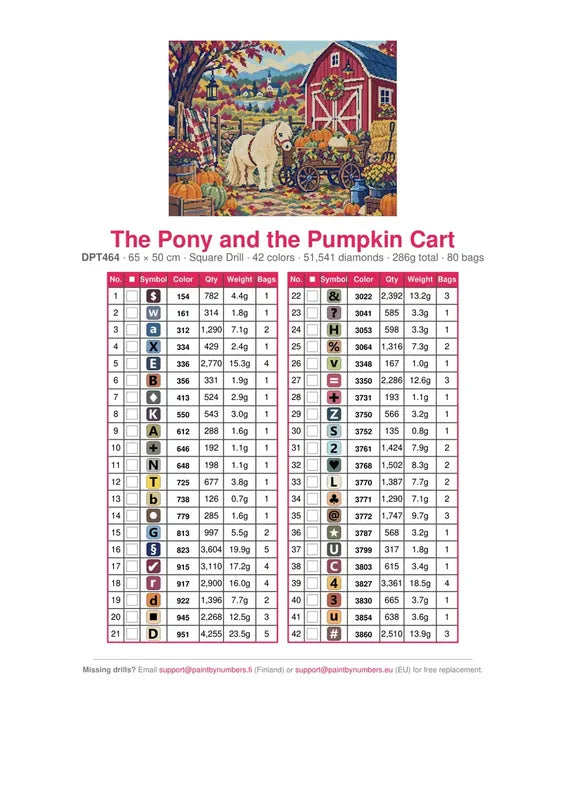 DMC color chart for The Pony and the Pumpkin Cart diamond painting - 42 colors