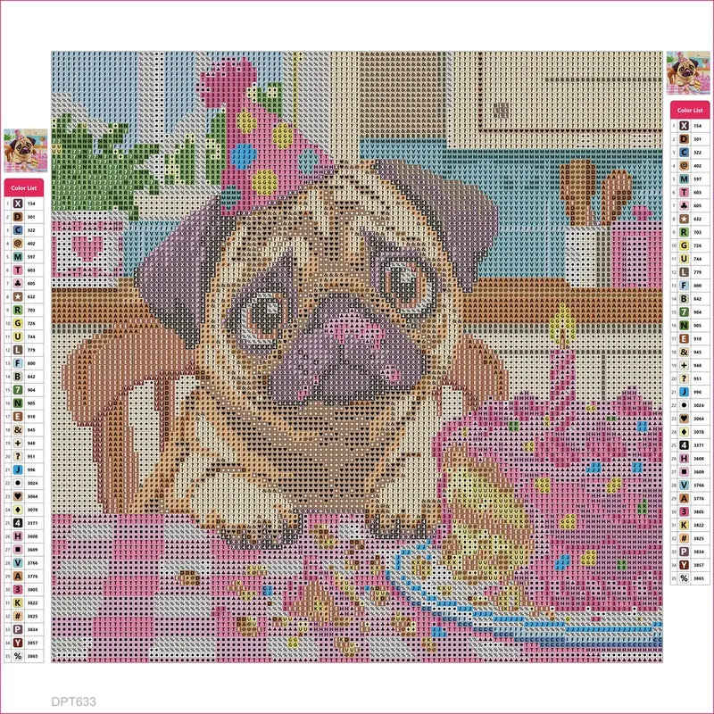 Diamond painting adhesive canvas preview - The Pug Who Ate the Birthday Cake