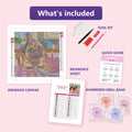 Thumbnail for What is included in the The Pug Who Ate the Birthday Cake diamond painting kit - adhesive canvas, reference sheet, tools and numbered drill bags