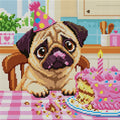 Thumbnail for funny pug with frosting on its nose next to a birthday cake, 30x30 cm diamond painting – full design preview