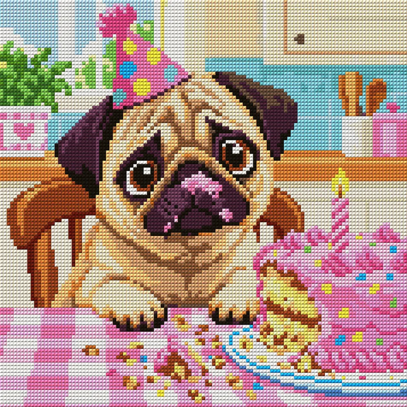 funny pug with frosting on its nose next to a birthday cake, 30x30 cm diamond painting – full design preview