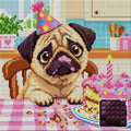 Thumbnail for funny pug with frosting on its nose next to a birthday cake, 30x30 cm diamond painting – design and close-up of square drills