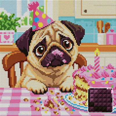 funny pug with frosting on its nose next to a birthday cake, 30x30 cm diamond painting – design and close-up of square drills