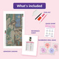 Thumbnail for What is included in the The Quiet Bedside Wing diamond painting kit - adhesive canvas, reference sheet, tools and numbered drill bags