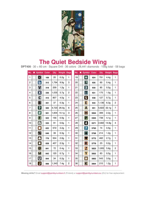 DMC color chart for The Quiet Bedside Wing diamond painting - 36 colors