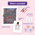 Thumbnail for What is included in the The Rainy Rooftop Negroni diamond painting kit - adhesive canvas, reference sheet, tools and numbered drill bags