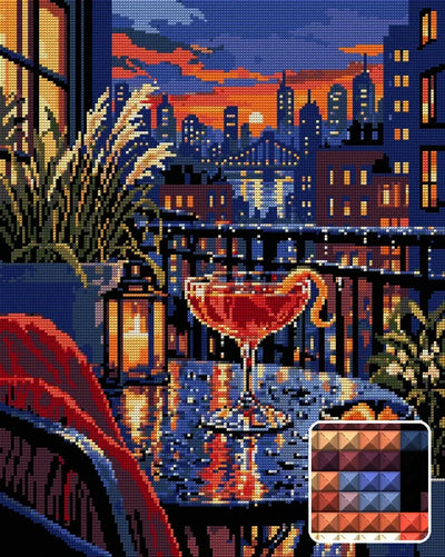 The Rainy Rooftop Negroni, 40x50 cm diamond painting – finished design preview with a close-up of square drills