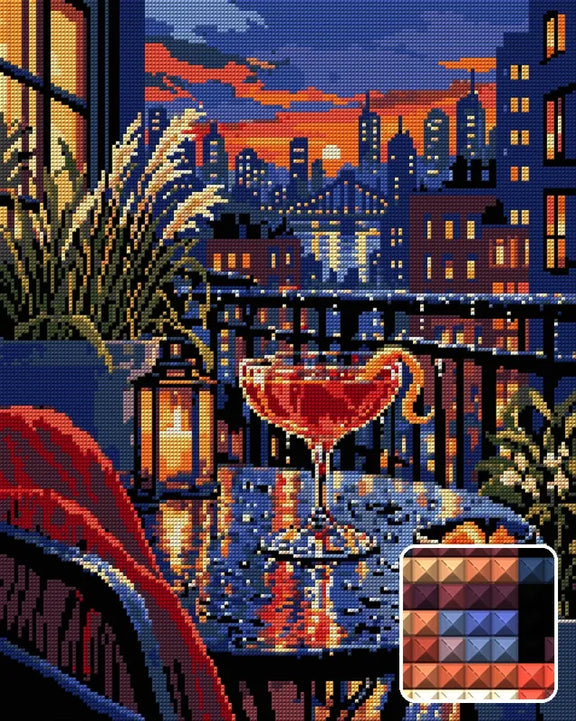 The Rainy Rooftop Negroni, 40x50 cm diamond painting – finished design preview with a close-up of square drills
