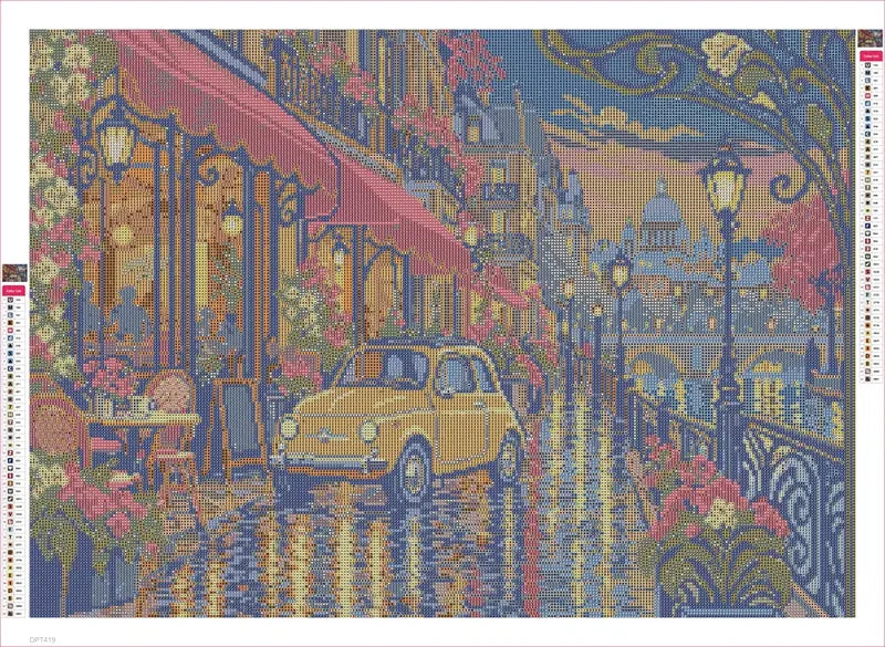 Diamond painting adhesive canvas preview - The Rainy Tram Street Car