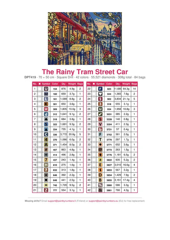 DMC color chart for The Rainy Tram Street Car diamond painting - 42 colors
