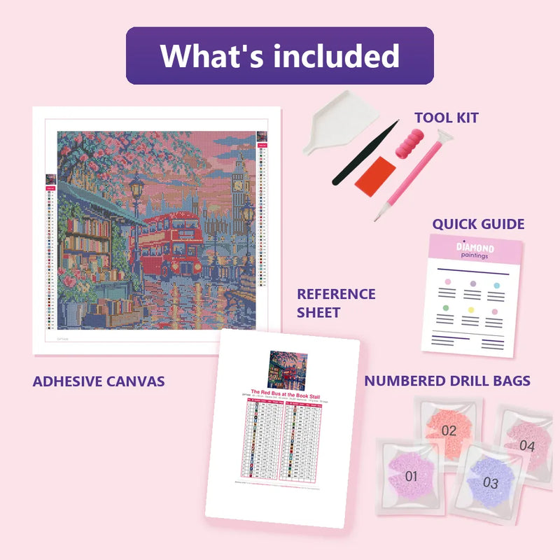 What is included in the The Red Bus at the Book Stall diamond painting kit - adhesive canvas, reference sheet, tools and numbered drill bags