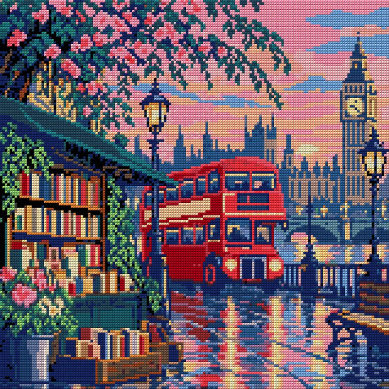 The Red Bus at the Book Stall, 40x40 cm diamond painting – full design preview without the close-up inset