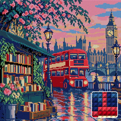 The Red Bus at the Book Stall, 40x40 cm diamond painting – finished design preview with a close-up of square drills