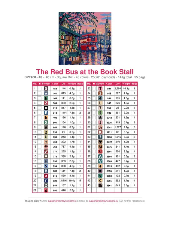 DMC color chart for The Red Bus at the Book Stall diamond painting - 43 colors