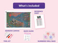 Thumbnail for What is included in the The Red Lantern Bamboo Ferry diamond painting kit - adhesive canvas, reference sheet, tools and numbered drill bags