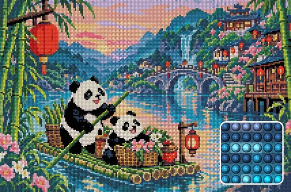 The Red Lantern Bamboo Ferry, 60x40 cm diamond painting – finished design preview with a close-up of round drills