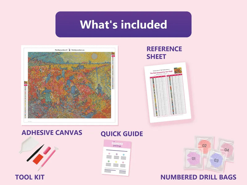What is included in the The Red Vineyard by Van Gogh diamond painting kit - adhesive canvas, reference sheet, tools and numbered drill bags