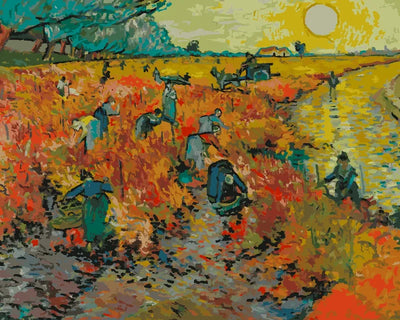 Paint by numbers of Van Gogh's The Red Vineyard with harvesters working under a low golden sun.