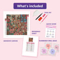 Thumbnail for What is included in the The Reindeers Tangled Lights diamond painting kit - adhesive canvas, reference sheet, tools and numbered drill bags