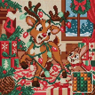 The Reindeers Tangled Lights, 30x30 cm diamond painting – finished design preview with a close-up of round drills