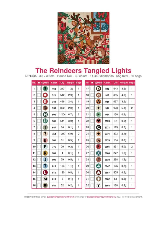 DMC color chart for The Reindeers Tangled Lights diamond painting - 32 colors