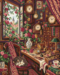 Miniatyrbild: Diamond painting-motiv med ett rum med gamla klockor, klätterrosor och en sovande katt