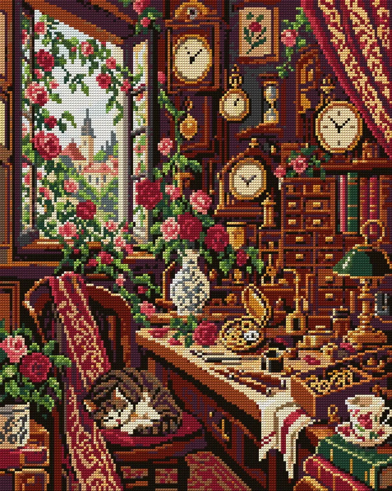 The Rose Clockmakers Room, 40x50 cm diamond painting – full design preview without the close-up inset