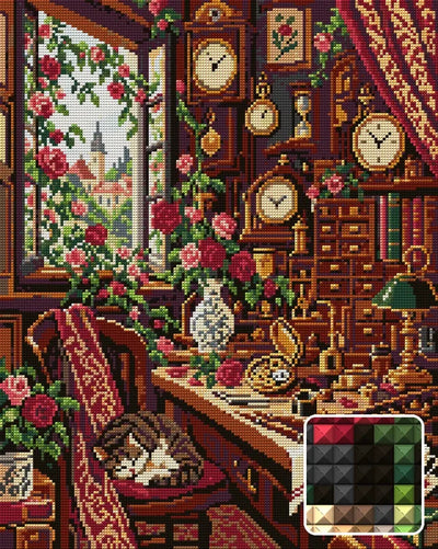The Rose Clockmakers Room, 40x50 cm diamond painting – finished design preview with a close-up of square drills