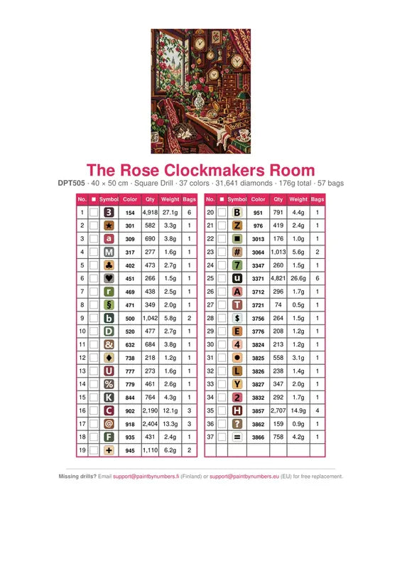 DMC color chart for The Rose Clockmakers Room diamond painting - 37 colors