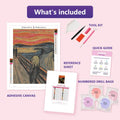 Thumbnail for The Scream 1893 30x40cm diamond painting kit contents: adhesive canvas, color chart, tools and diamond bags